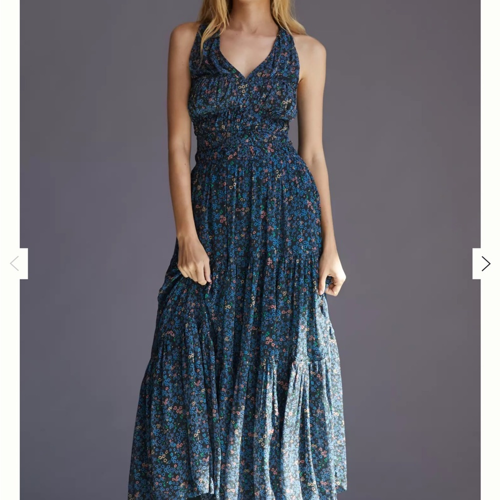Anthropologie Maeve Halter-Neck Ruched maxi dress blue floral size small Spring